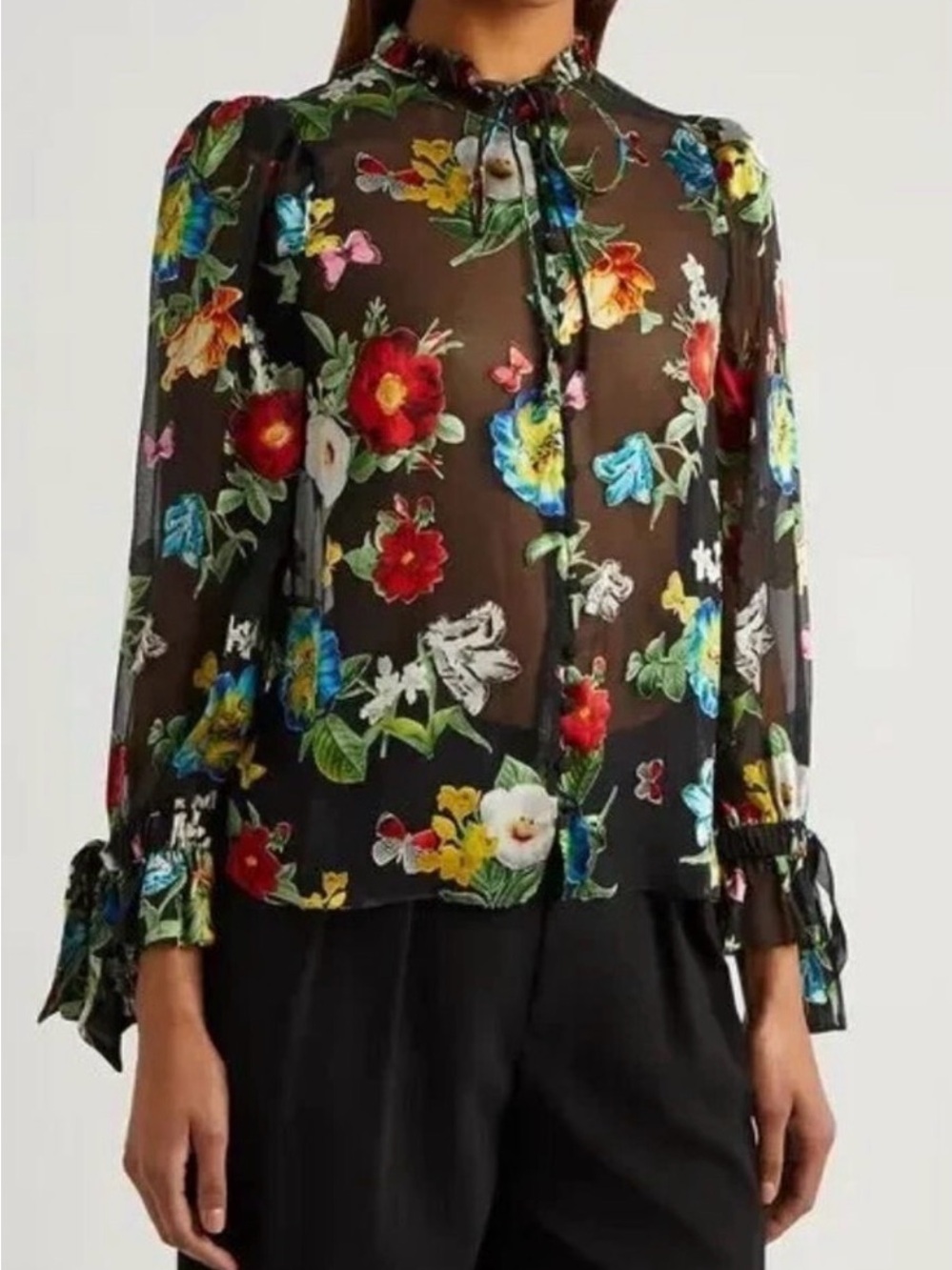 Alice + Olivia Julius Floral Devoré Chiffon Blouse Ruffle Tie Cuff | Size M/8 - Picture 5 of 10